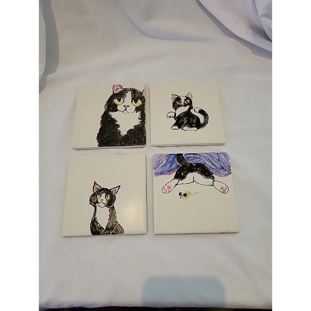 Cat Coasters Ceramic Black And White Cork Back‎ Hand Painted Set Of 4 OOAK